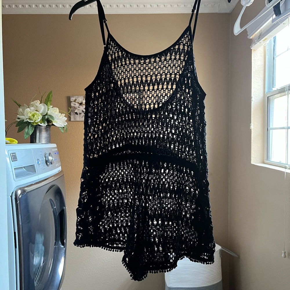 🩷Classic Victorias Secret Y2K Women’s Black Cami Crochet Mesh Swim Romper Resort